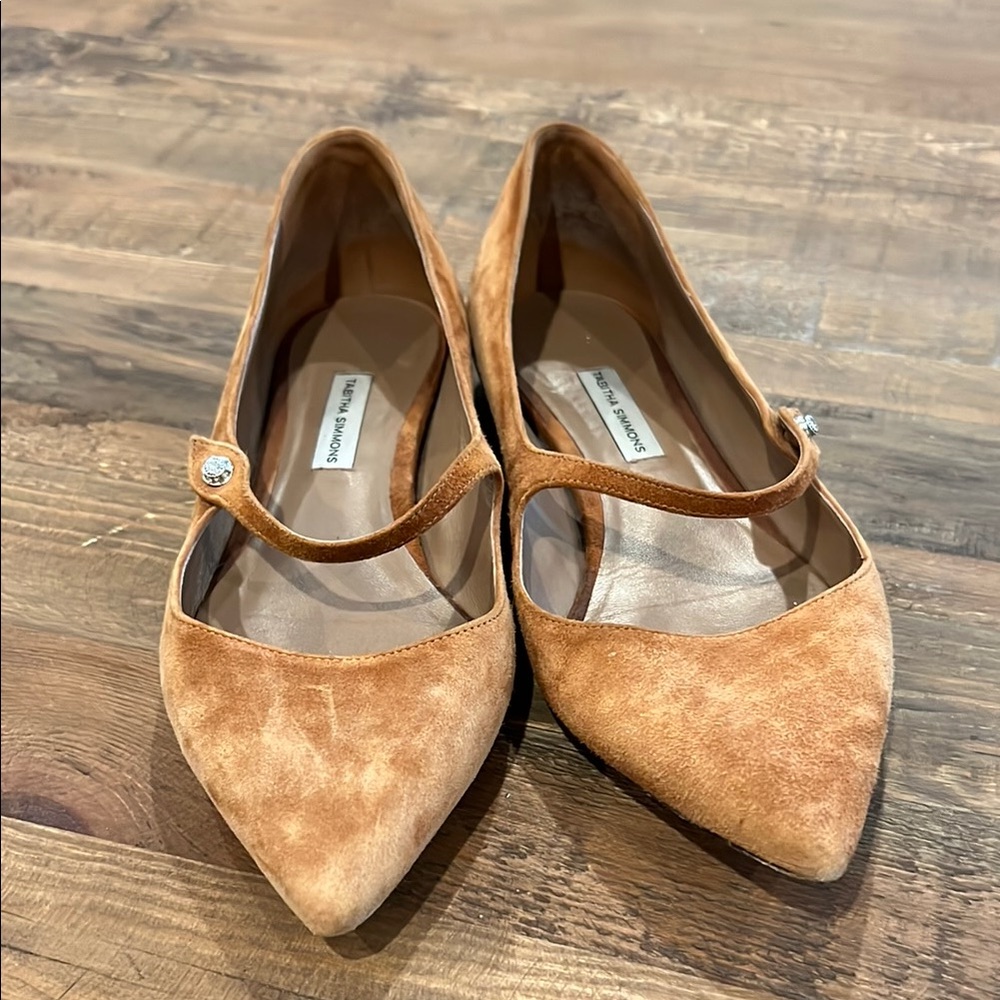 Tabitha Simmons Tan Suede Flats with Mary Jane Strap